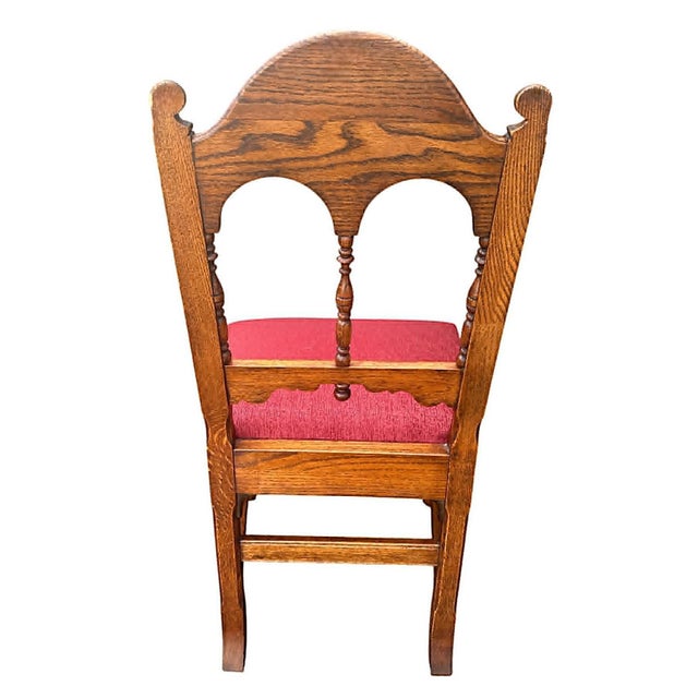 Spanish Revival Elegant Antique Spanish Revival Carved Oak Dining Chairs With New Burgundy Seat Upholstery - Set of 4 - Circa 1920s For Sale - Image 3 of 4