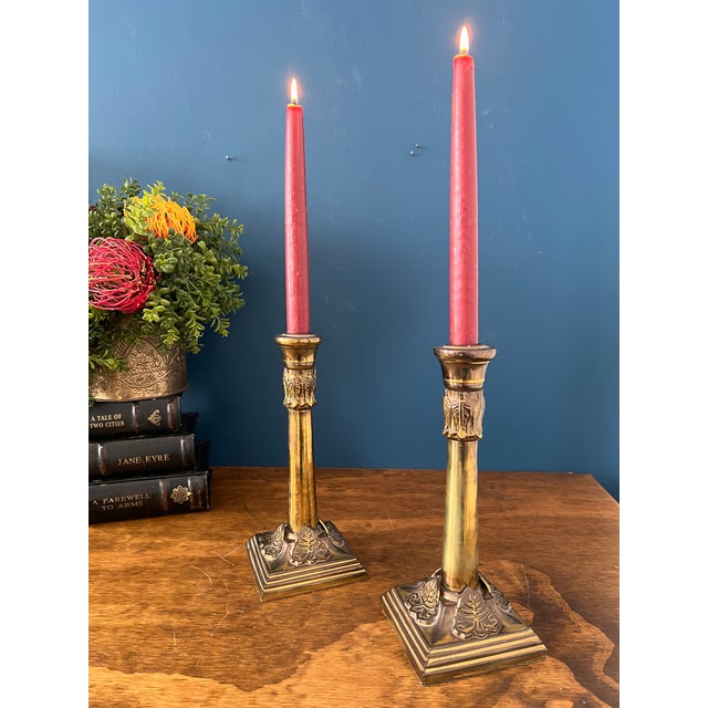 English Antique Brass Candlesticks With Ivy Relief Bases, Circa 1900 For Sale - Image 4 of 17