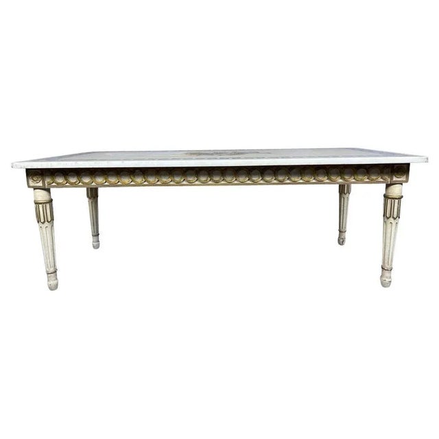 Marble top white and gilt coffee table with Greek key and decorative inlay Pretty 1940's Italian marble top with blue...