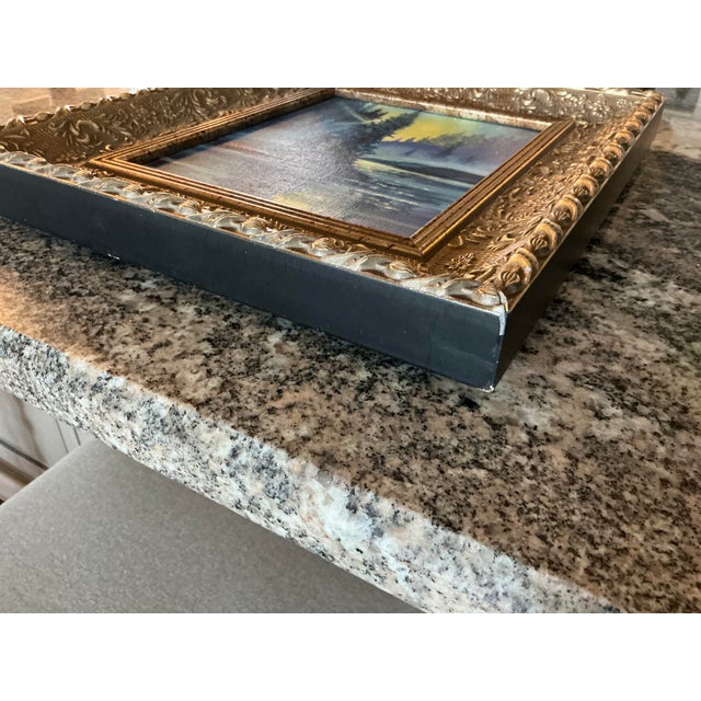 1980s Beautifully Framed Tree and Water Painting in Blue and Yellow For Sale - Image 4 of 5