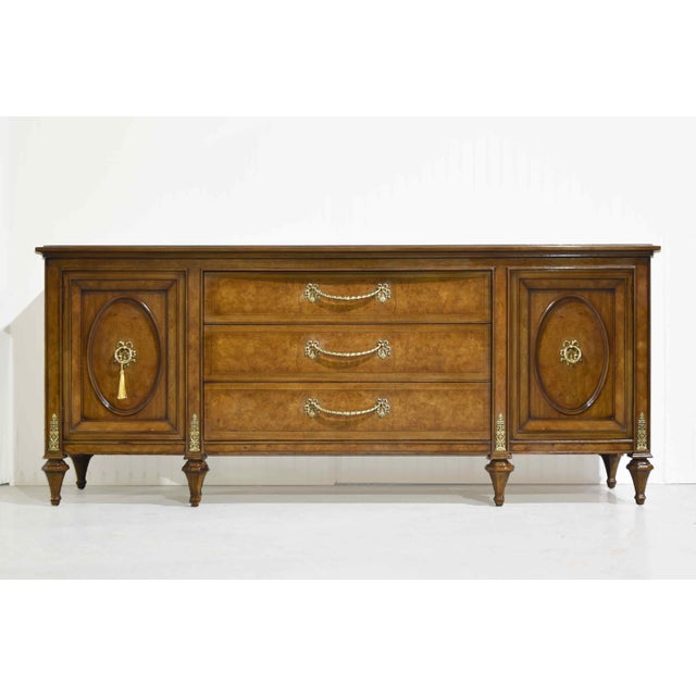 French Provincial Mid Century French Provincial-Style Burlwood Lowboy Dresser by Hellam Furniture Company Pennsylvania For Sale - Image 3 of 17