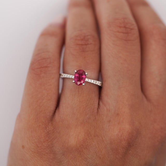 Contemporary Gia 1.25 Carat Burma Ruby & Pave Diamond 18k White Gold Ring, Size 7 For Sale - Image 3 of 12