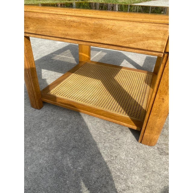 Vintage Boho Coastal Wood Side Tables With Cane Bottoms and Burlwood Tops - Set of 2 For Sale In West Palm - Image 6 of 13