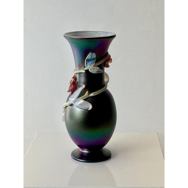 Art nouveau - Iridescent black glass vase with applied white leaves and red flowers. This wonderful mouth blown art glass...