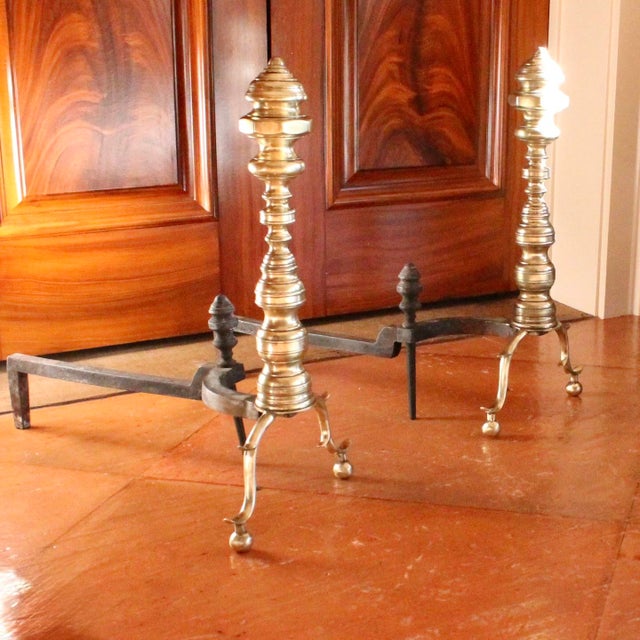 Late 19th Century Pair of Antique American Brass Andirons With Turned Finials For Sale - Image 5 of 13