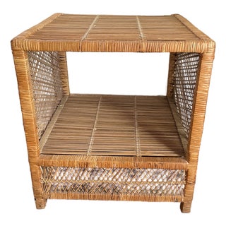 Vintage Boho Rattan Wicker Side Table With Shelf 1970s For Sale