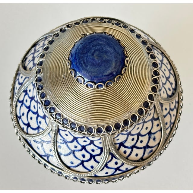 Vintage Moroccan Fez Pottery Lidded Jobbana Jar With Silver Filigree Circa 1980 For Sale - Image 11 of 12