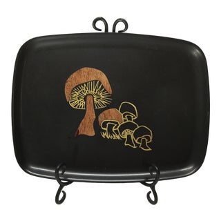 Mid Century Couroc of Monterey Serving Tray With Inlaid Mushroom Design in Black, Brown and Brass For Sale
