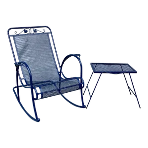 Blue Woodard Salterini Attributed Wrought Iron Patio Balcony Rocking Rocker Chair Small Accent Table