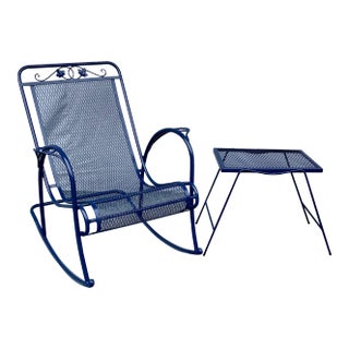 Woodard Salterini Attributed Wrought Iron Patio Balcony Rocking Rocker Chair Small Accent Table For Sale
