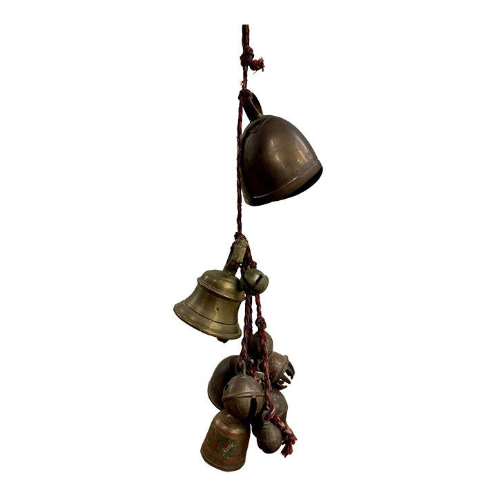 Vintage Set of Brass Bells Tied With Rope Door Chime Wind Chime | Chairish