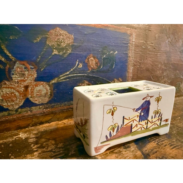 Mid 20th Century Vintage Williamsburg Restoration Chinoiserie Delft Flower Brick, Frog Produced in Holland, Featuring Hand-Painted Chinese Fishing Scenes For Sale - Image 5 of 12