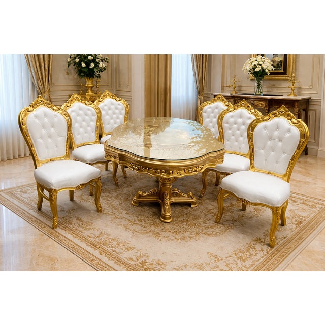 Late 20th Century Italian Baroque White & Gold Dining Set – 7 Pieces Introduce palatial European grandeur to your dining...