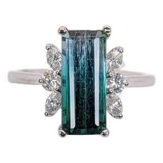 3ct Indicolite Tourmaline Ring With Earth Mined Diamonds: Solid 14k Gold, 12x5mm, Size 6.75 For Sale