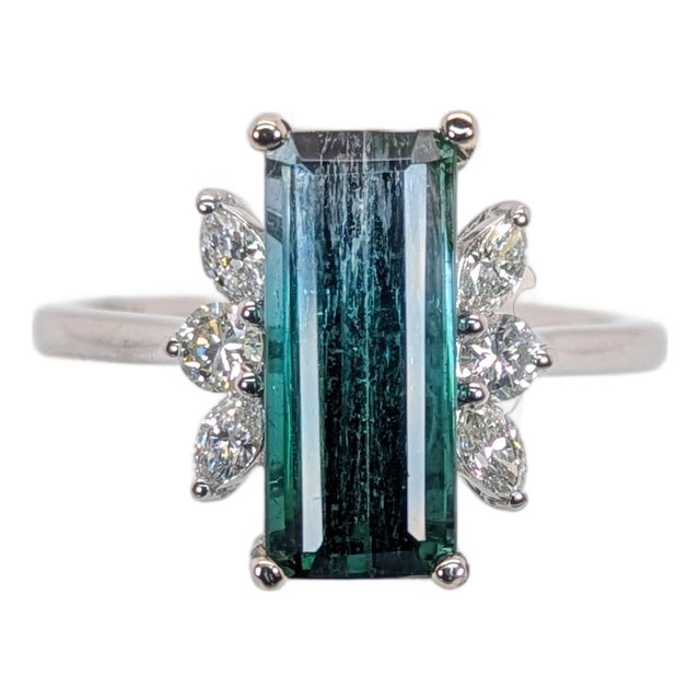 3ct Indicolite Tourmaline Ring With Earth Mined Diamonds: Solid 14k Gold, 12x5mm, Size 6.75 For Sale
