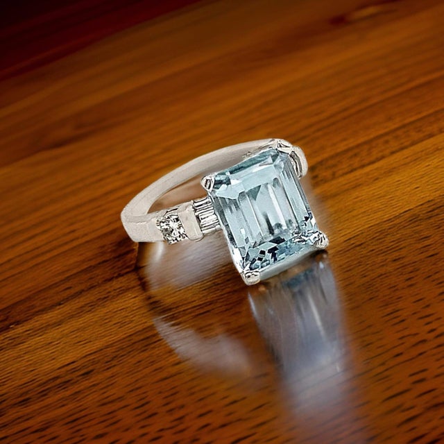 Natural Aquamarine Diamond Ring 6.25 Platinum 5.3 TCW Certified For Sale - Image 13 of 13