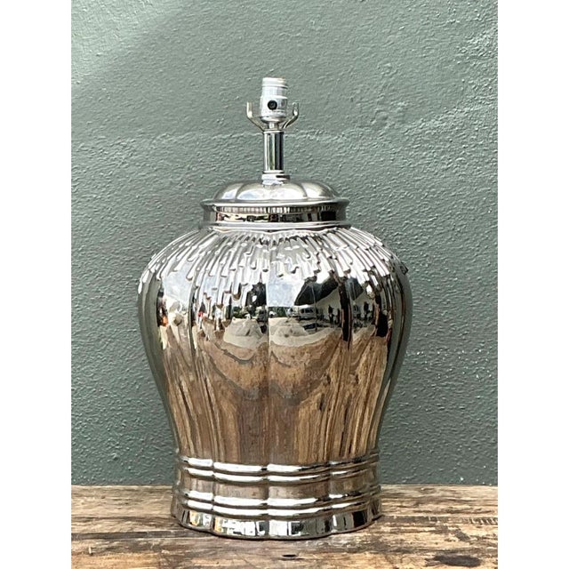 Vintage Silver Mirror Finish Glazed Ceramic Lamp For Sale In West Palm - Image 6 of 12