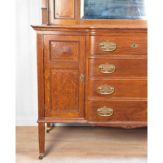 Antique Edwardian Quartersawn Oak Mirrored Sideboard Buffer Server For Sale - Image 9 of 18