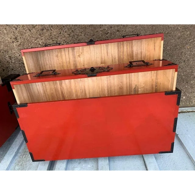 Asian Mid 20th Century Vintage Asian Style Red Painted Iron Mounded Campaign Cedar Type Chests. A Pair For Sale - Image 3 of 12