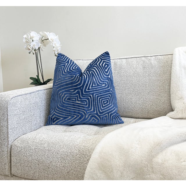 Add vibrancy to your decor with this luxurious bold cobalt blue velvet pillow. The cut velvet maze pattern is set on a...