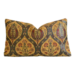 French Designer Velvety Chenille Floral Botanical Feather/Down Pillow 20" X 12"