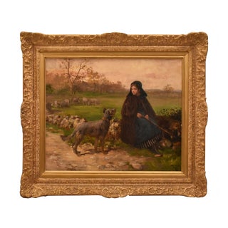Charles Jean Auguste Escudier, Landscape with Shepherdess and Dog, 1895, Oil on Canvas, Framed For Sale