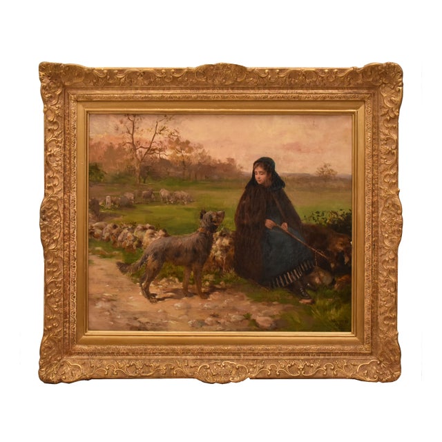 Charles Jean Auguste Escudier, Landscape with Shepherdess and Dog, 1895, Oil on Canvas, Framed For Sale