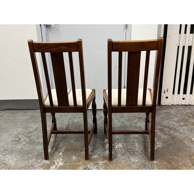 Early 20th Century Jacobean Revival Antique Oak Upholstered Side Chairs, Pair For Sale - Image 5 of 12