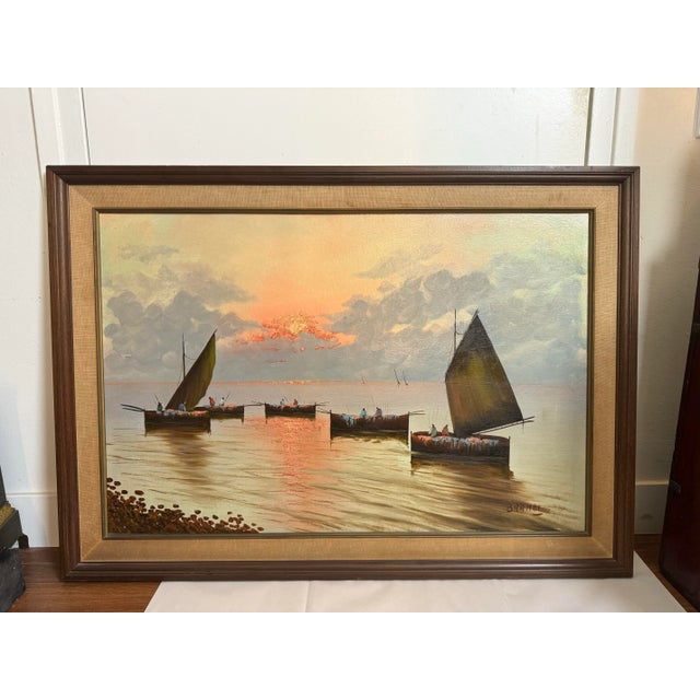 Mid-Century Modern Brandi, Rosario, Ships at Dusk, Large Mid Century Italian Seascape Painting For Sale - Image 3 of 12