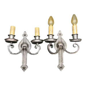 Pair of 1920s Spanish Revival Satin Nickel Plated Double Candle Sconces