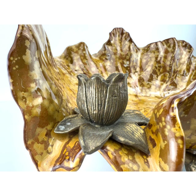 Vintage Mid Century Castilian Imports Ruffled Ceramic Lotus Bowl With Bronze Accents For Sale - Image 4 of 14