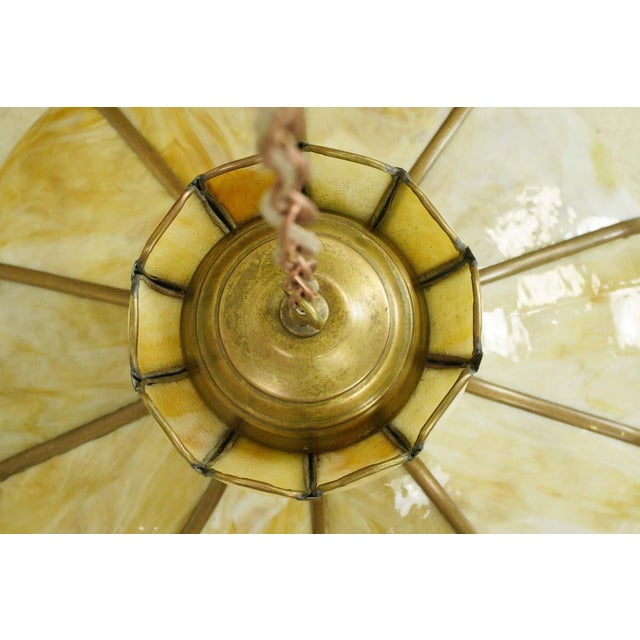 Metal Vintage Tan Slag Stained Glass Pendant Light With Brass Accents For Sale - Image 7 of 10