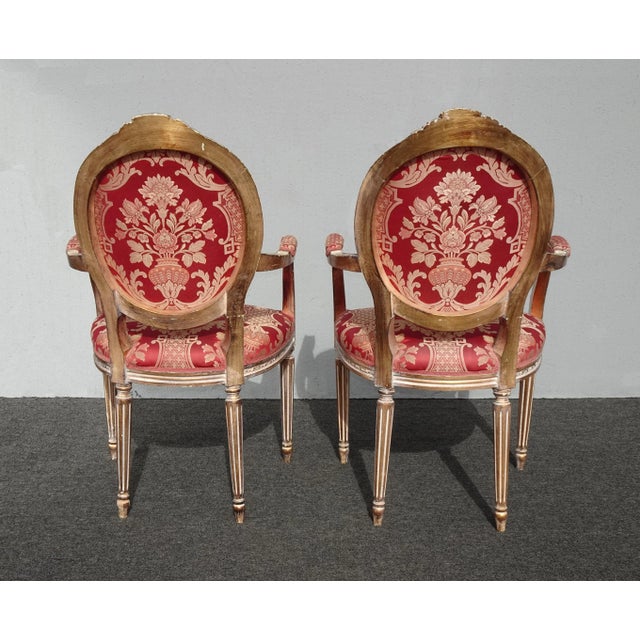 Vintage French Louis XVI Red & Silver Settee and Pair Chairs ~ Set of Three For Sale - Image 12 of 12