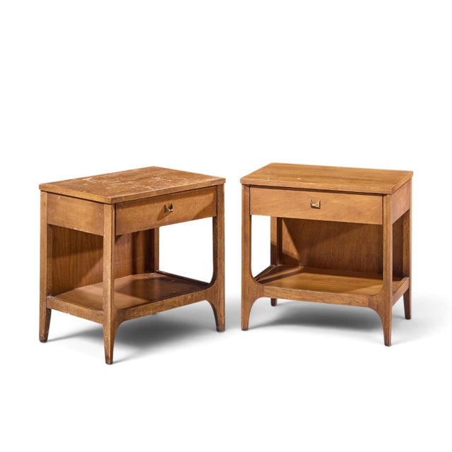 Broyhill Brasilia Mid Century Walnut and Brass Nightstands - Pair Each nightstand measures: 22.25 wide x 15 deep x 22...