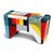 This bench organises its surface into bold stacked sections of colour, navy, teal, red, orange, yellow, and crackled...