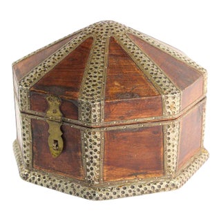 Mid 20th Century Large Asian Decorative Wooden Jewelry Box With Hammered Brass Metal Overlay For Sale