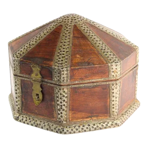 Mid 20th Century Large Asian Decorative Wooden Jewelry Box With Hammered Brass Metal Overlay