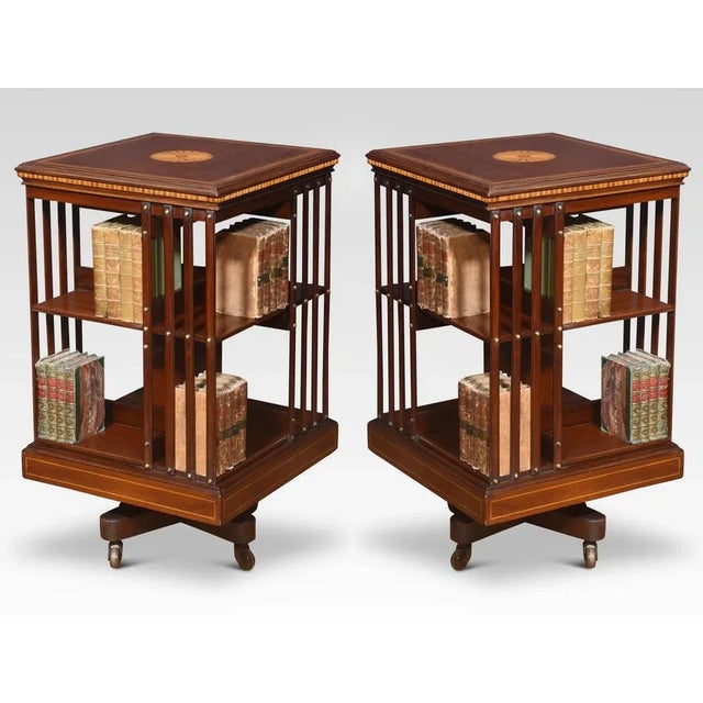 Wood Mahogany Inlaid Revolving Bookcases from Maple and Co., 1890s, Set of 2 For Sale - Image 7 of 8