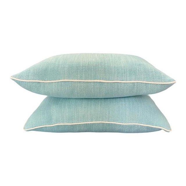 Aqua Pair of Indoor/Outdoor Aqua Lumbar Pillows With White Contrast Welt For Sale - Image 8 of 8