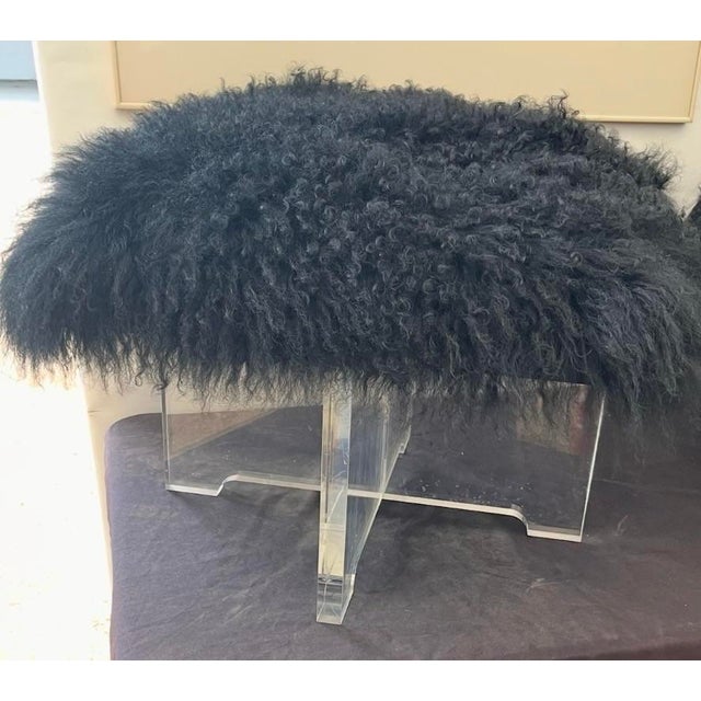 2000 - 2009 Pair of Jonathan Adler Black Mongolian Lamb Fur Lucite Benches / Ottoman’s For Sale - Image 5 of 12