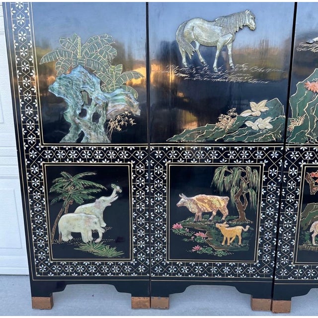 1970s Rare Large 6 Panel Chinese Wild Horses Abalone & Hardstone Inlaid Folding Screen Rare For Sale - Image 5 of 18