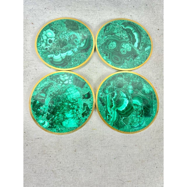 Hollywood Regency Malachite and Brass Coasters-Set of Four For Sale - Image 3 of 7