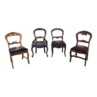 Antique Victorian Carved Mahogany Balloon Back Side Chairs Needlepoint Seats- Set of 4 For Sale