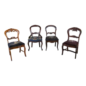 Antique Victorian Carved Mahogany Balloon Back Side Chairs Needlepoint Seats- Set of 4