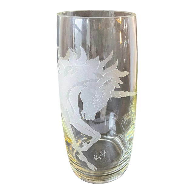 Large Decorative Art Glass Unicorn Vase Signed Perry Coyle For Sale
