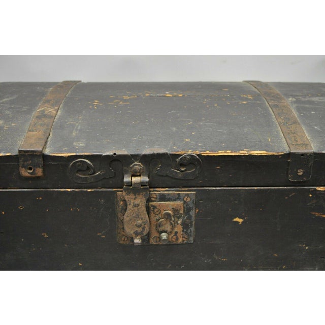 Antique Dome Top Wood Cast Iron Dovetail Constructed Treasure Chest