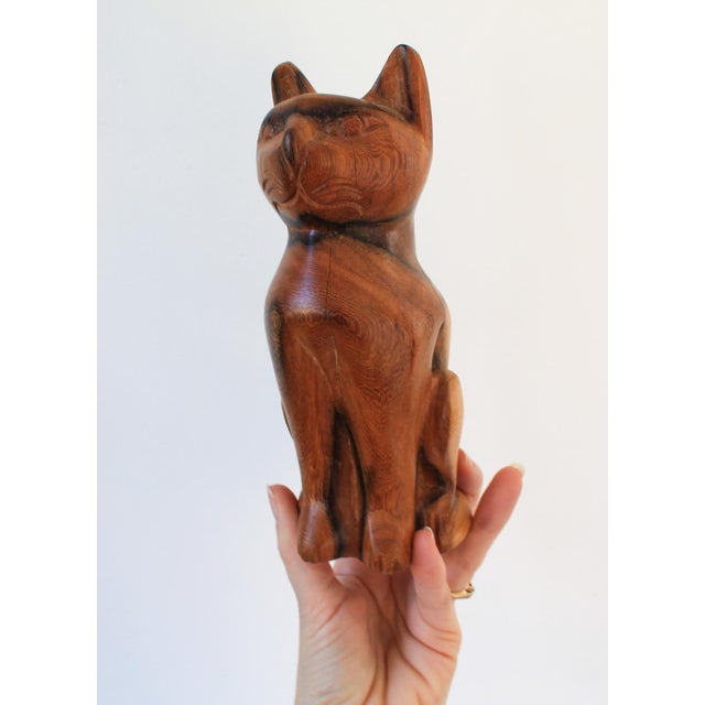 Mid-Century Hand-Carved Solid Wood Vintage Cat Sculpture For Sale - Image 4 of 10