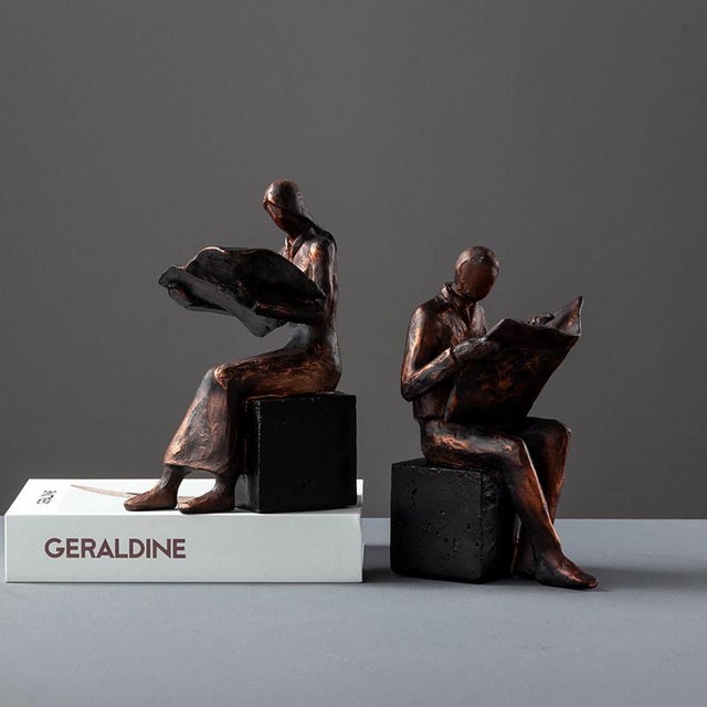 Vintage Style Bronze-Finish Reading Man & Woman Bookends | Chairish