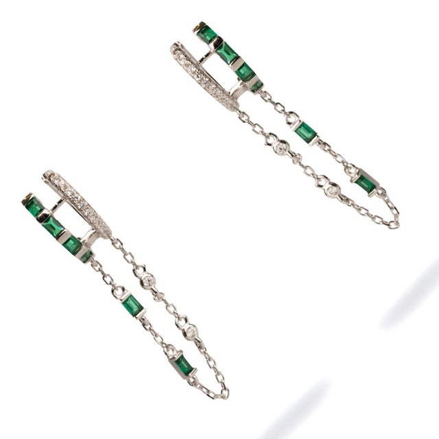 Early 21st Century Emerald Stone Design Sterling Silver & Diamond Dangle Earrings, A Pair For Sale - Image 5 of 6