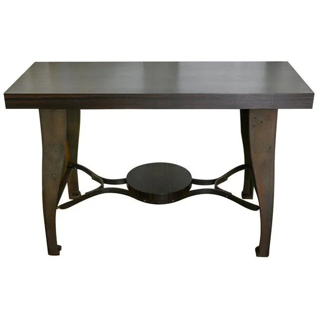 Industrial Trestle Console Table With Macassar Ebony Top and Antique Lathe Base For Sale - Image 11 of 11